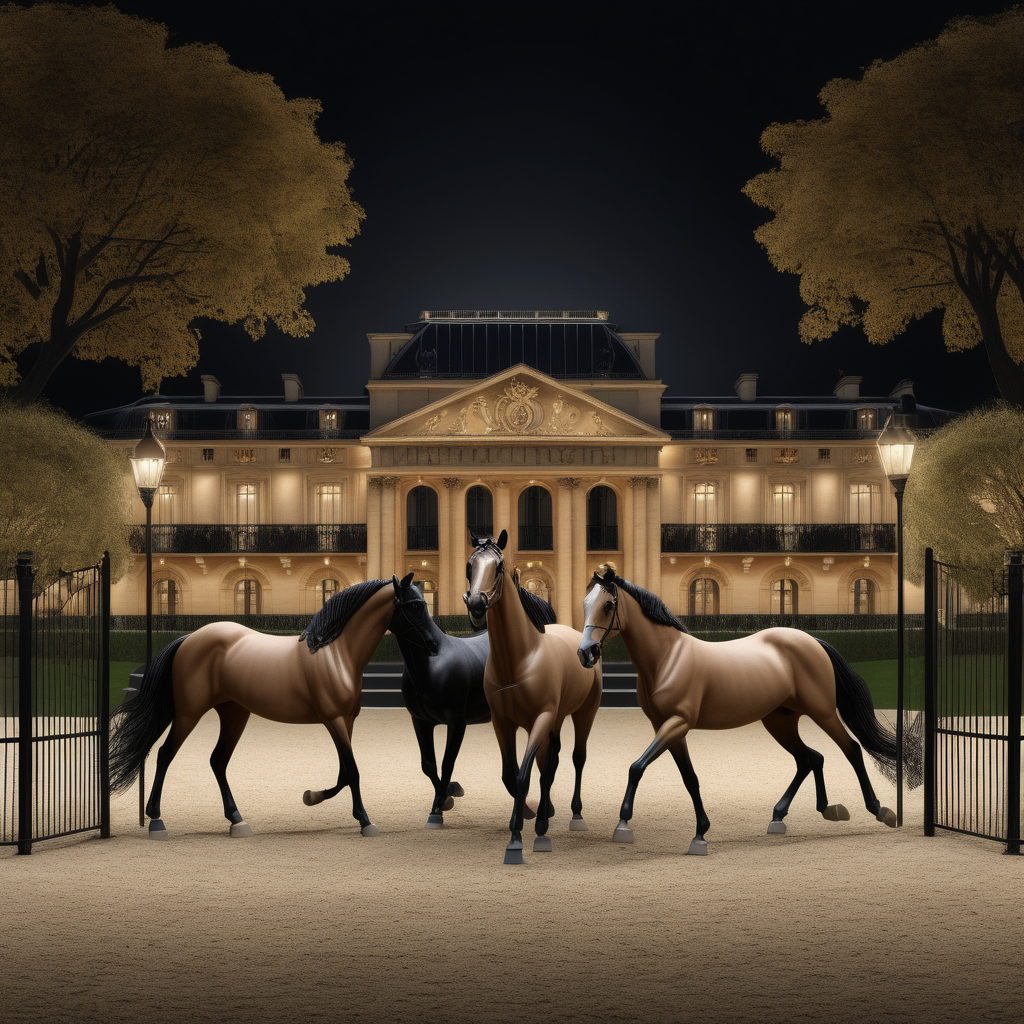 a hyperrealistic of a grand Modern Parisian  horse trotting arena with 3 horses at night with mood lighting, fully fenced with black wrought iron, manicured gardens , in a beige oak brass and black colour palette 
