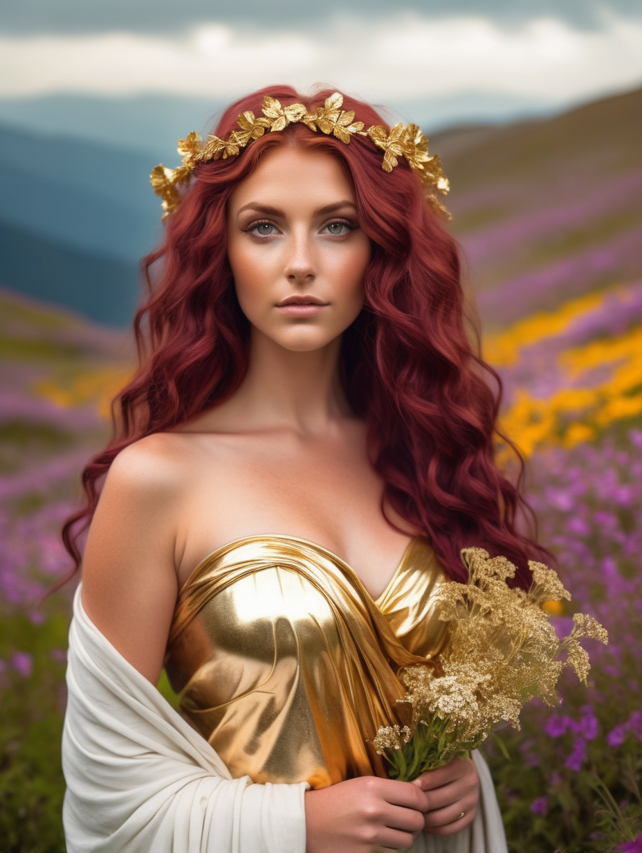 a very beautiful woman
wavy maroon hair
a heart shaped face
in a valley of flowers
wearing a sparkly golden toga
greek goddess 