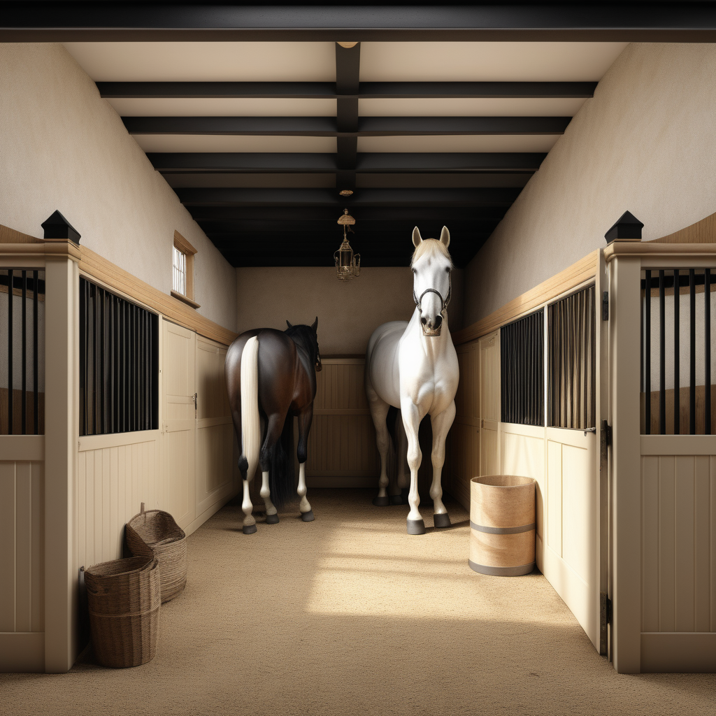 hyperrealistic image of an English country estate home horse stable; beige, ivory and black;
