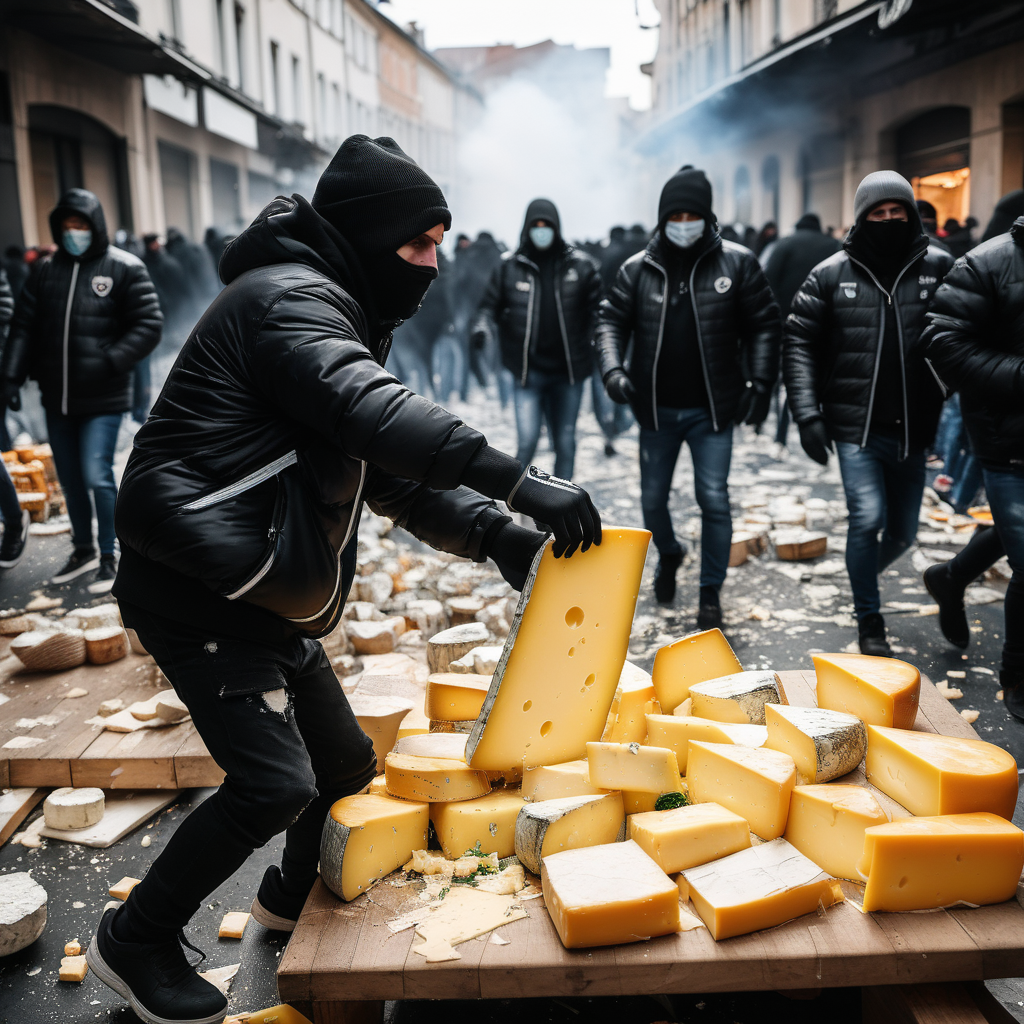 Football fans in black jackets destroying a cheese market