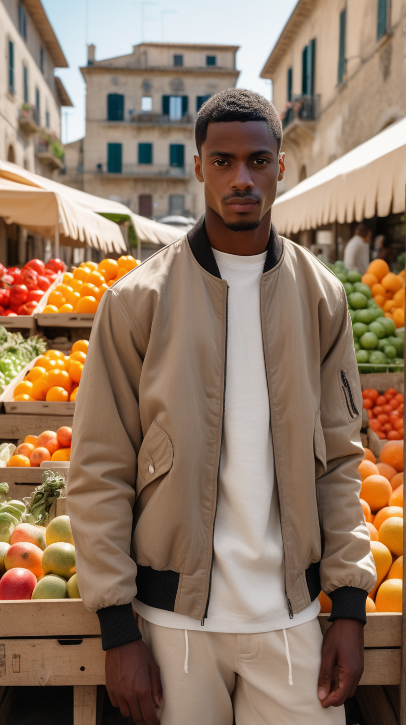 A handsome, young, African American man, wearing short, black hair, wearing Cream, cut and sew, bomber jacket, standing beside a fruit and vegetable stand, an Italian market in Sicily in the background, Facing  the camera, wearing a light, pine colored, linen, dress shirt, wearing a white tee-shirt, wearing Taupe Brown, Corduroy joggers, lighting is over the right shoulder, from behind, pointing down, ultra 4k, render, high definition, light shadowing