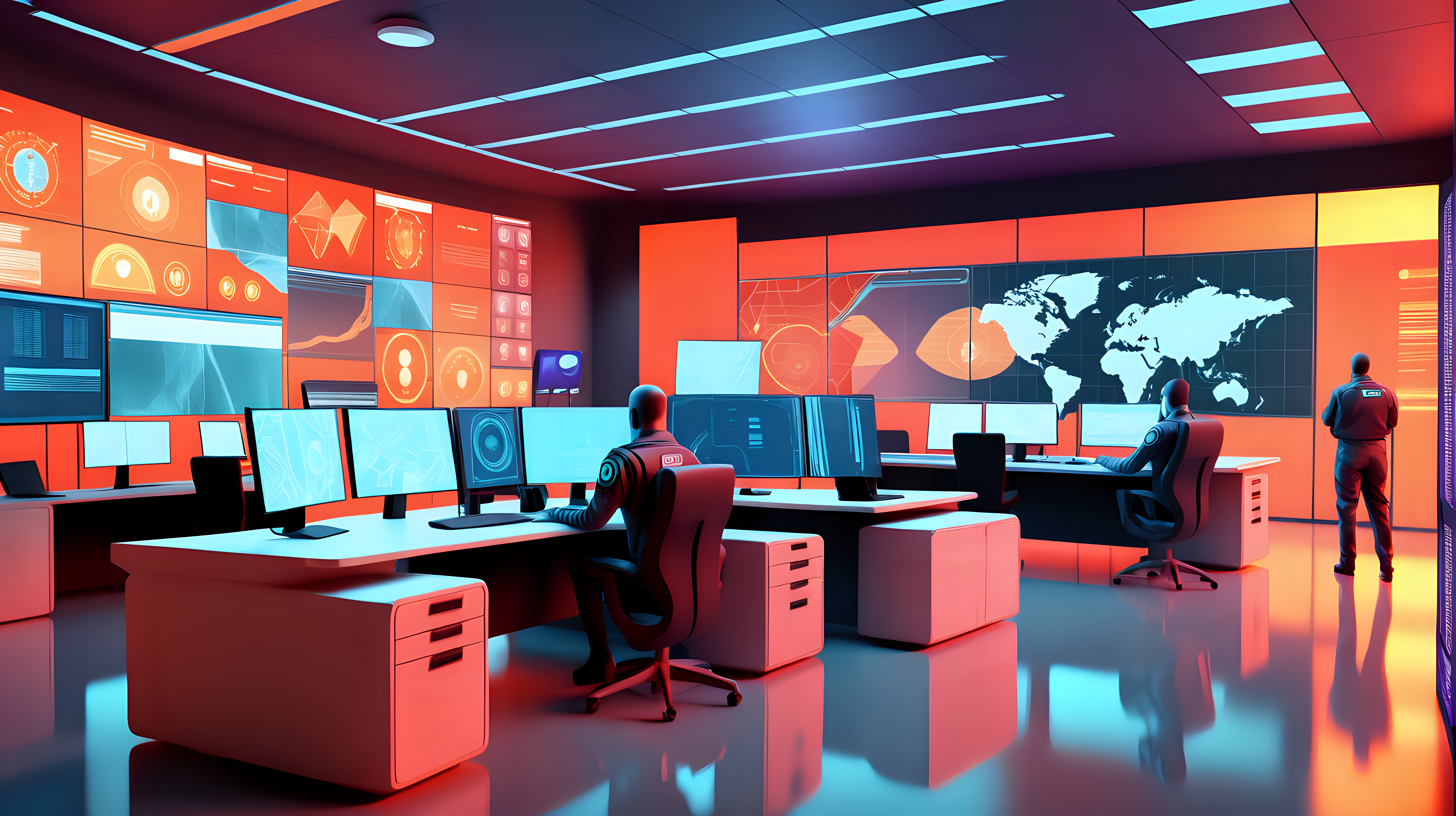 security operations center from the future with vivid warm colors