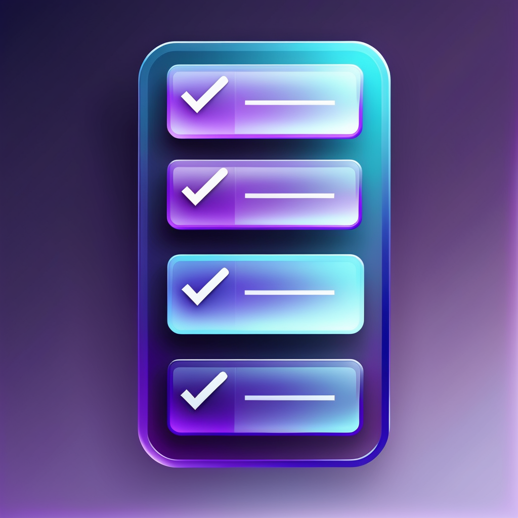 checkmark list graphic with bright purple, dark purple, and light blue gradient, glass morphism
