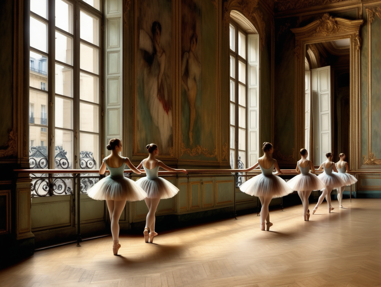 effet peinture ancienne, Degas, danseuses sur pointe à la barre, fenêtres opéra de Paris en arrière plan, parquet ancien