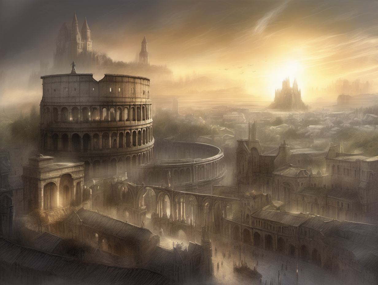 genera una ilustración de fantasía, estilo Luis Royo, de una ciudad de fantasía con un coliseo romano nuevo destacado en el centro y un castillo medieval al fondo, luz etérea del amanecer




