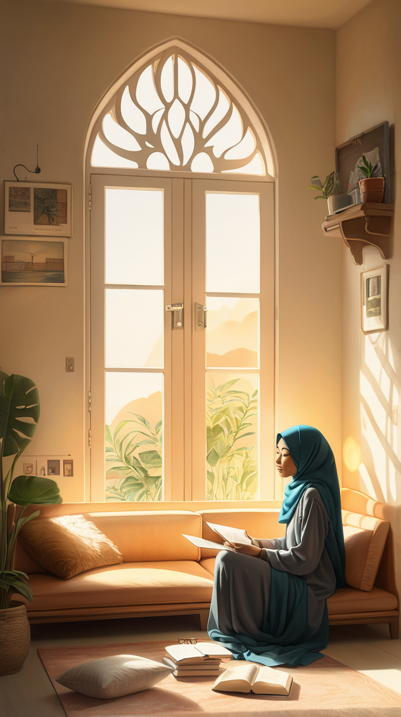 A Malay woman wearing a hijab is relaxing in a cozy indoor setting. She is seated on the floor with her back against a couch or bed, her legs extended upward against a wall next to a window. The woman appears contemplative and relaxed, possibly enjoying a moment of solitude. The sunlight streams through the window, creating a peaceful daytime atmosphere. Scattered around her are items like papers, indicating she may be taking a break from studying or working. The room exudes tranquility and the warmth of the sun..
