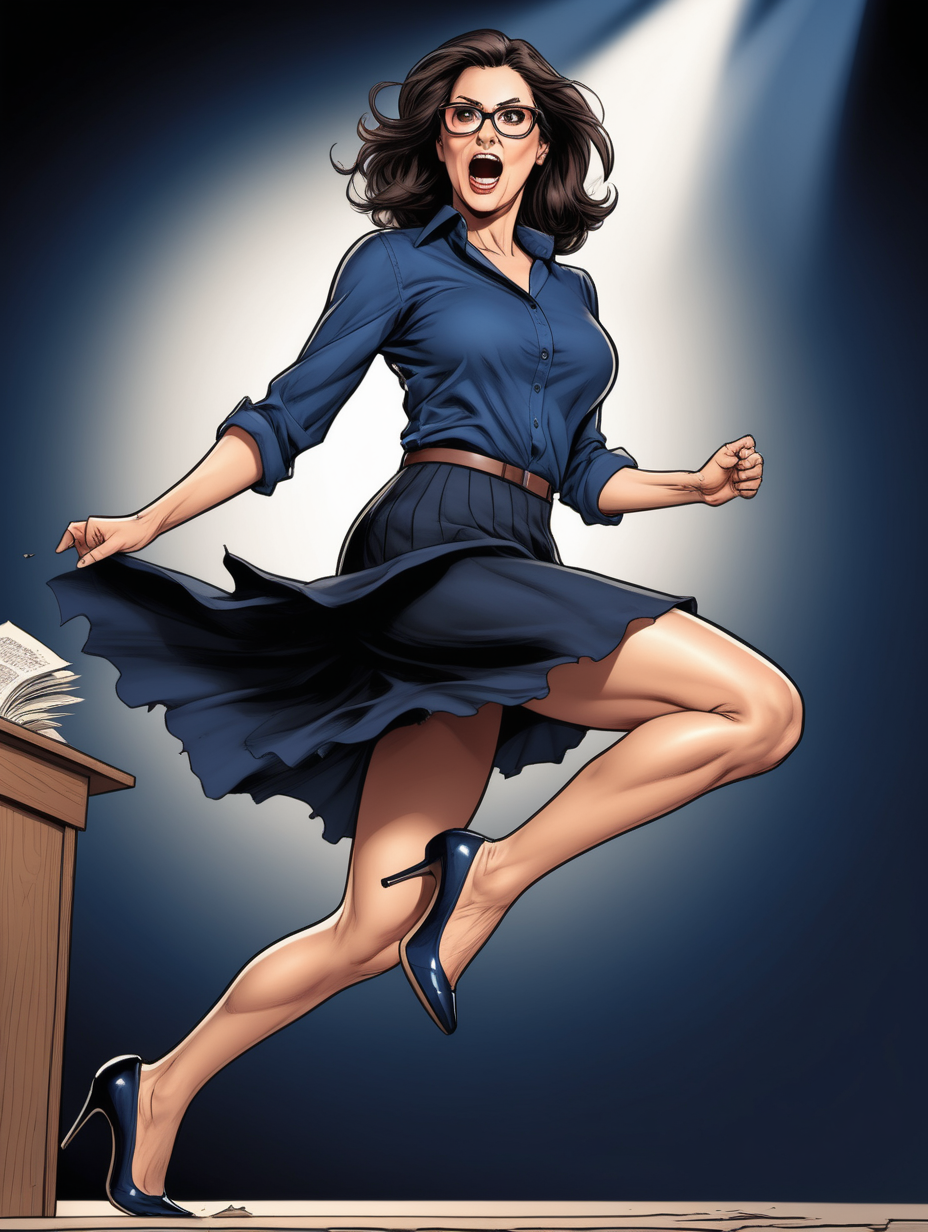 Beautiful, mature, brunette woman, teacher, glasses, [ripped open] (navy) shirt & (flowy) black skirt, kicking heels off, on stage [Detailed comic book art style] below angle, pantyhose