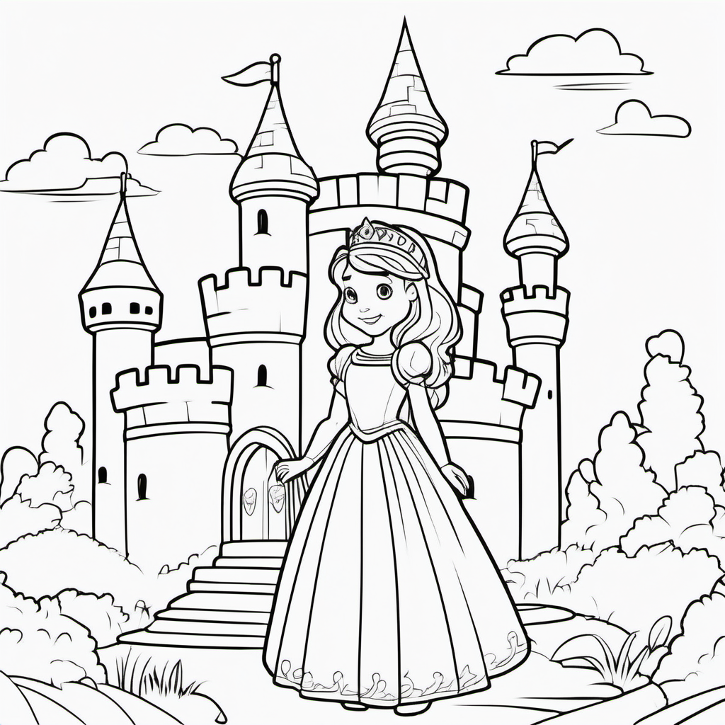 create coloring pages for kids, little princess in a castle, cartoon style, thick lines, low detail, no shading black and white