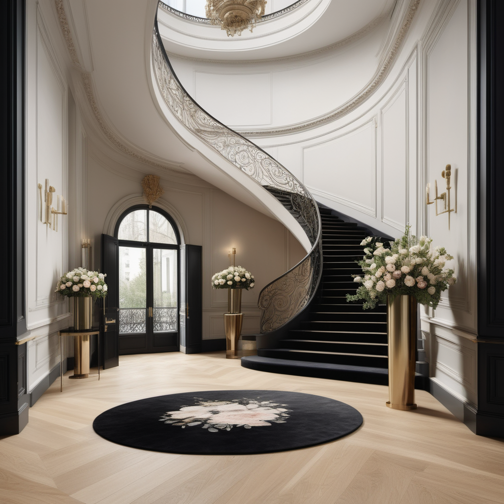 a hyperrealistic image of a grand modern Parisian entrance foyer with curved staircase; floor to ceiling windows; beige, oak, brass and black colour palette; Oak floor; a single, large bouquet of flowers; rug