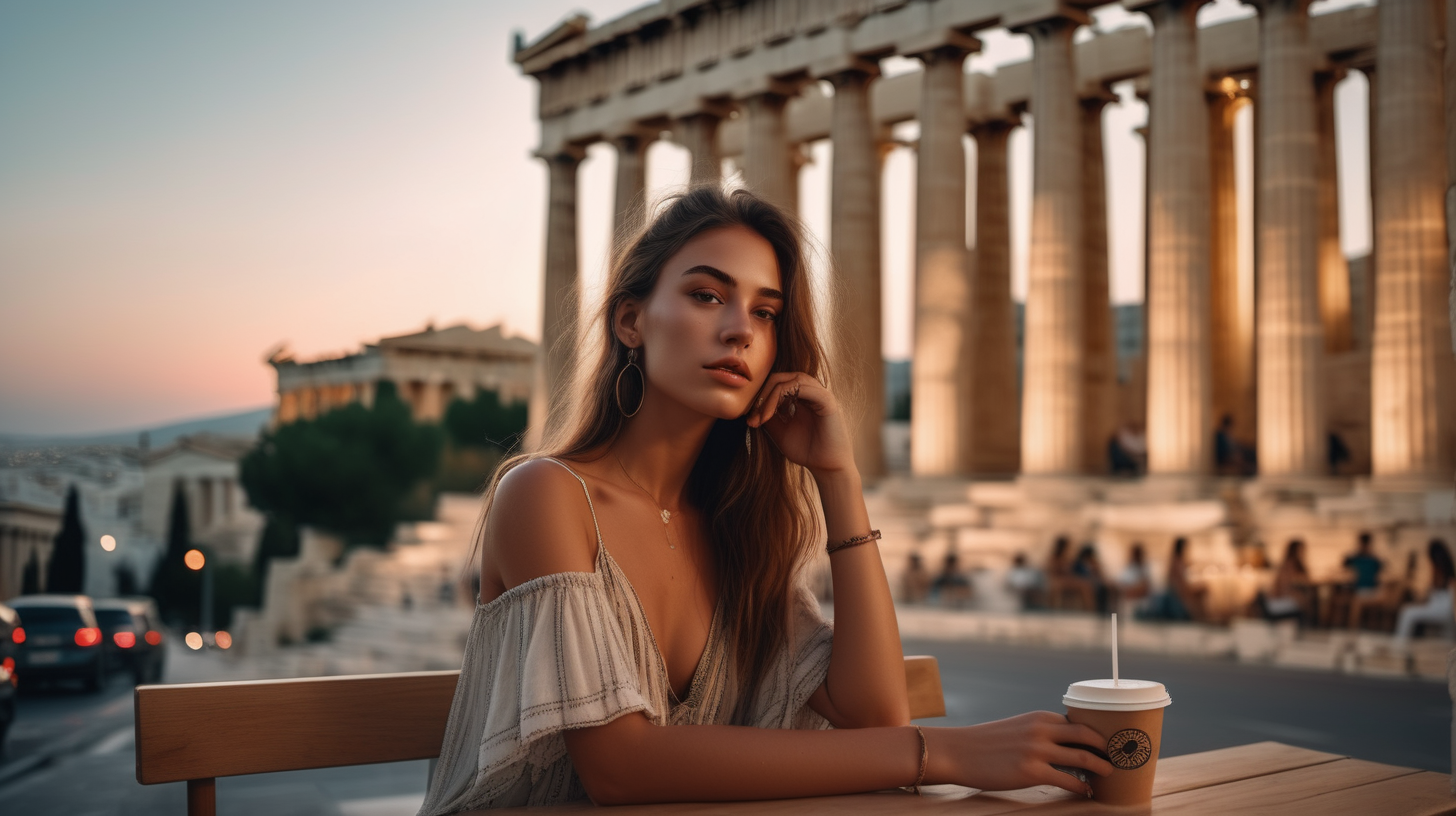 post classic, portrait photography, boho outfit, super realistic woman, sitting in a street coffee shop in modern Athens, dusk blurred Parthenon in the background. Perfect body, simetric, no more fingers on hand.  The lighting in the portrait should be dramatic. Sharp focus. A ultrarealistic perfect example of cinematic shot. Use muted colors to add to the scene.