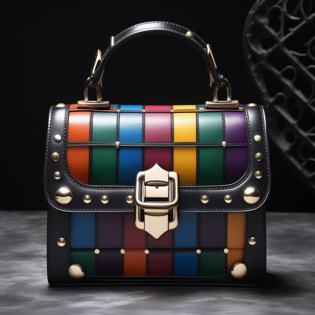 Gothic colored windows inspired luxury small leather bag with flap and metal buckle- rounded shape - frontal view