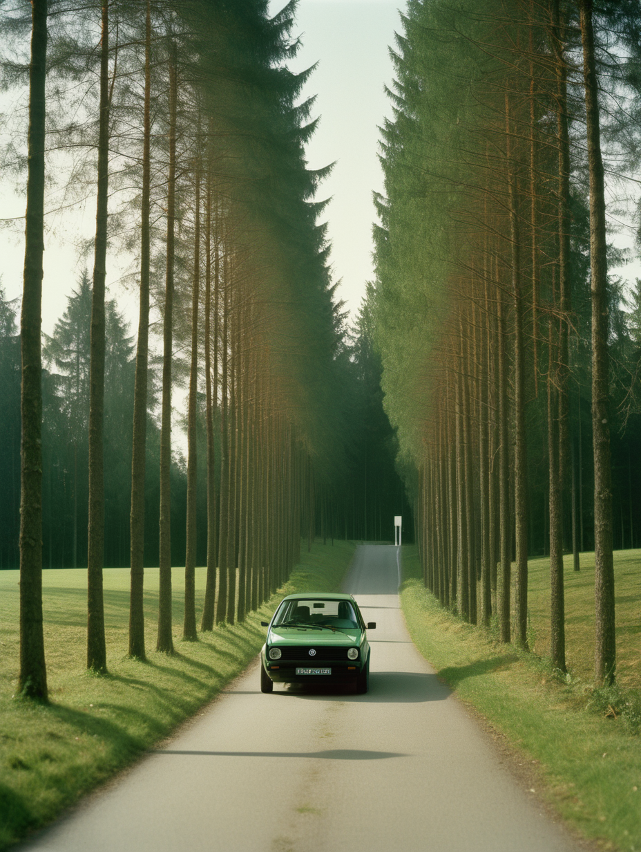 [bernhard fuchs],  waldrand, ortseingang möllendorf bei limsdorf, grüner vw golf 2,  atmosphäre, ostdeutschland, verschiedene perspektiven, kiefern, foto, mittelformat, hasselblad, blende 1,1, asa 50