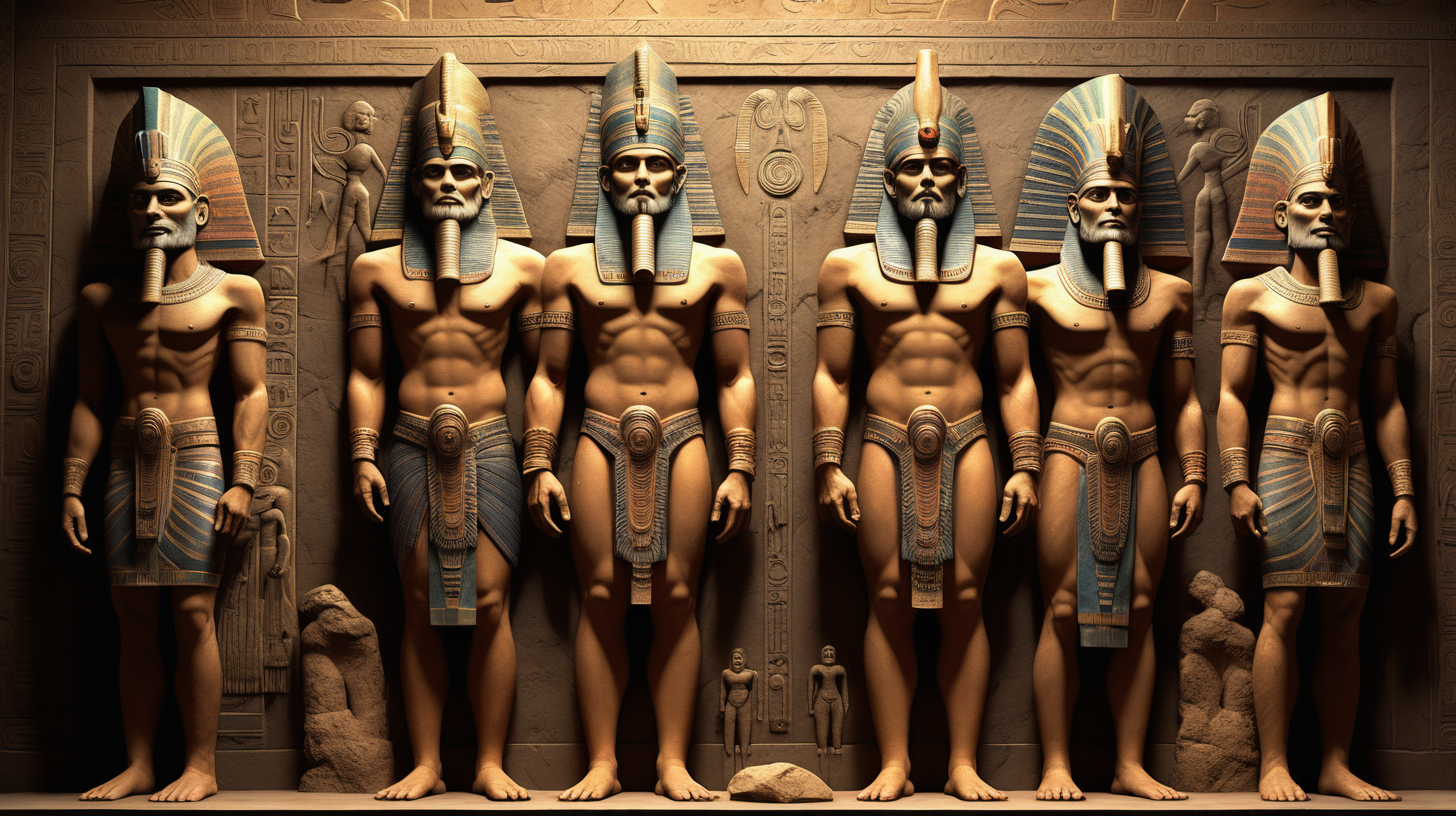 In a breathtakingly 3D full body of the 7 Anunnaki gods, standing together side by side, confident and proud. The image, a masterfully painted portrait, captures every nuanced detail