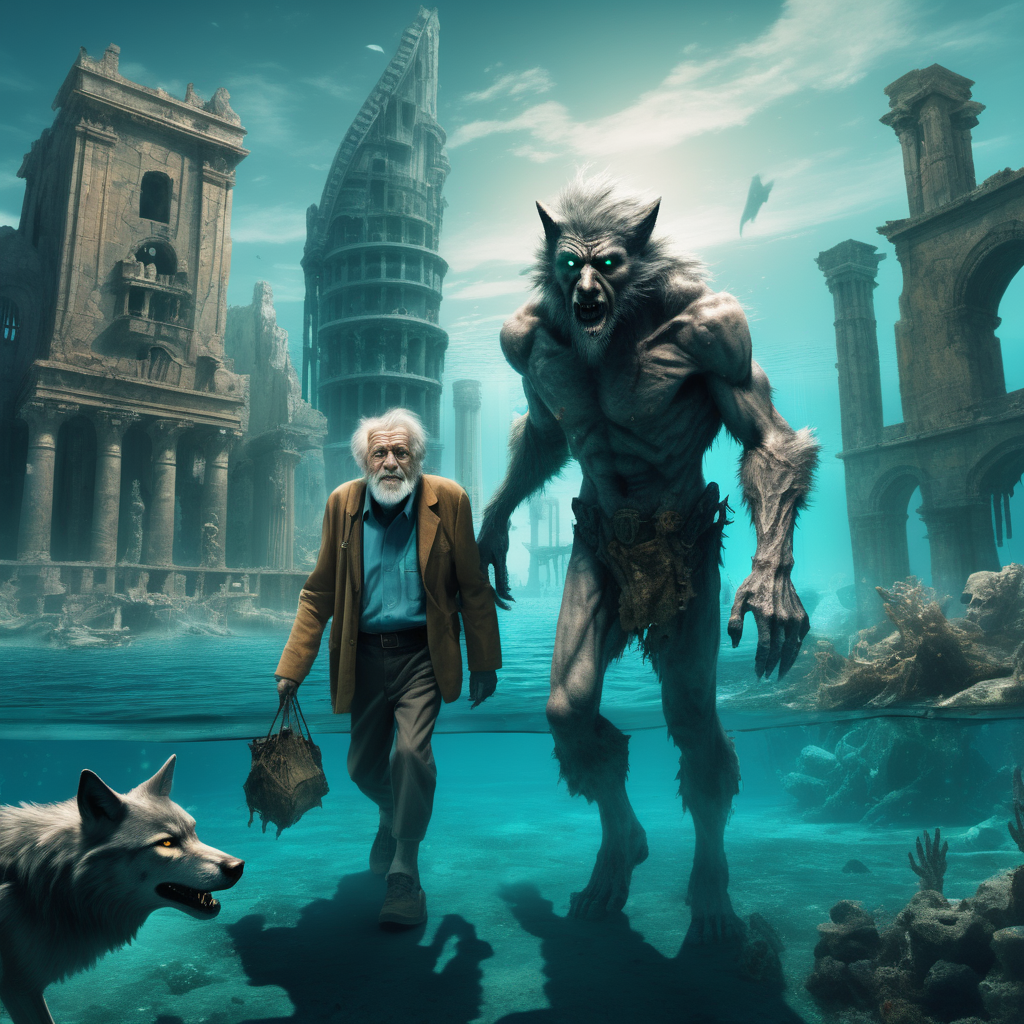  a kind Wolfman  walking side by with  a  frail crippled sick lost old man.  In background the deep underwater city's  ruins of Atlantis