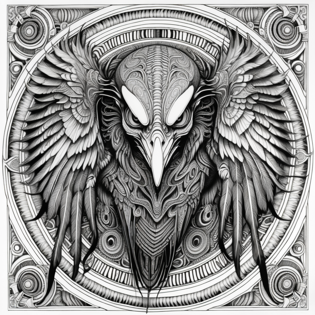 black & white, coloring page, high details, symmetrical mandala, strong lines, bald vulture beast with many eyes in style of H.R Giger