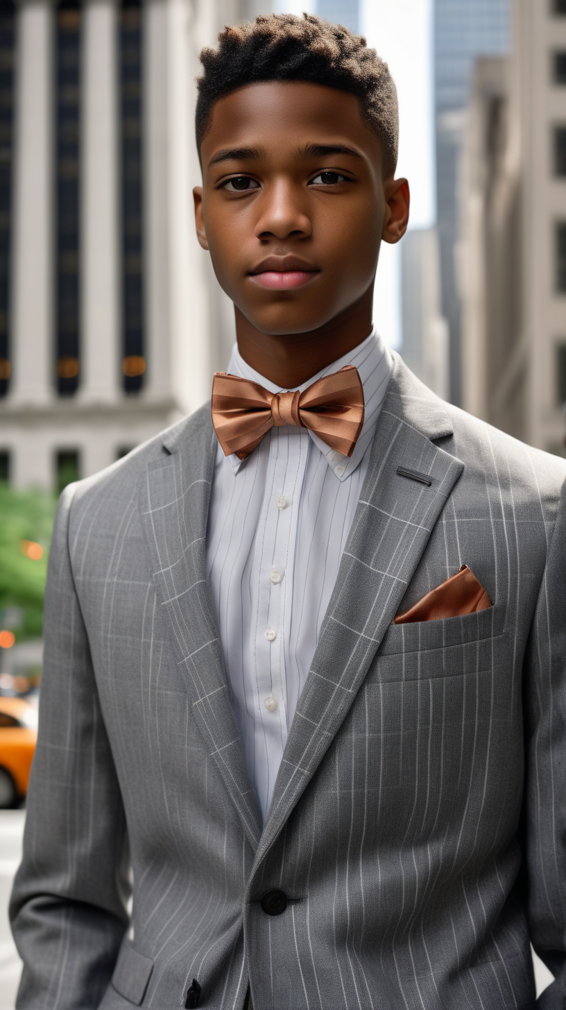 A handsome, intelligent black, male, teenager, with short hair, faded on the sides, wearing a Copper, striped, bowtie, wearing a white, dress shirt, wearing a Heather Grey, Glenplaid, two peice, gently tailored suit, standing outside of a corporate building, on Walstreet, in Ultra 4K, High Definition, full resolution, hyper realism