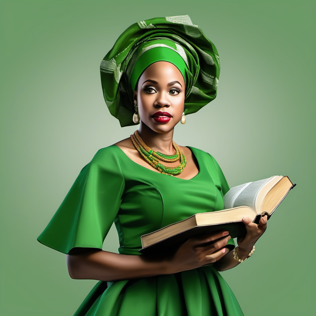 a realistic image of a black American biracial  large female wearing gele on head  going to church holding Bible  wearing Nigerian dress in green