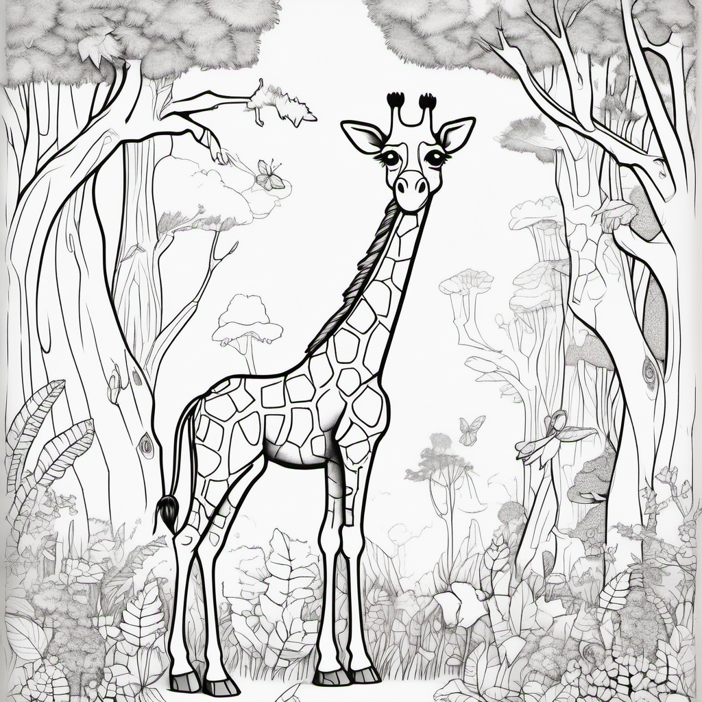 /imagine colouring page for kids, Giraffe Magic Forest fairies and woodland creatures, thick lines, low details, no shading --ar 9:11