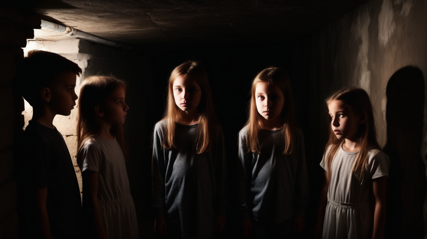 nervous girls and boys huddled in a dark basement. Shadow of man on girls and boys