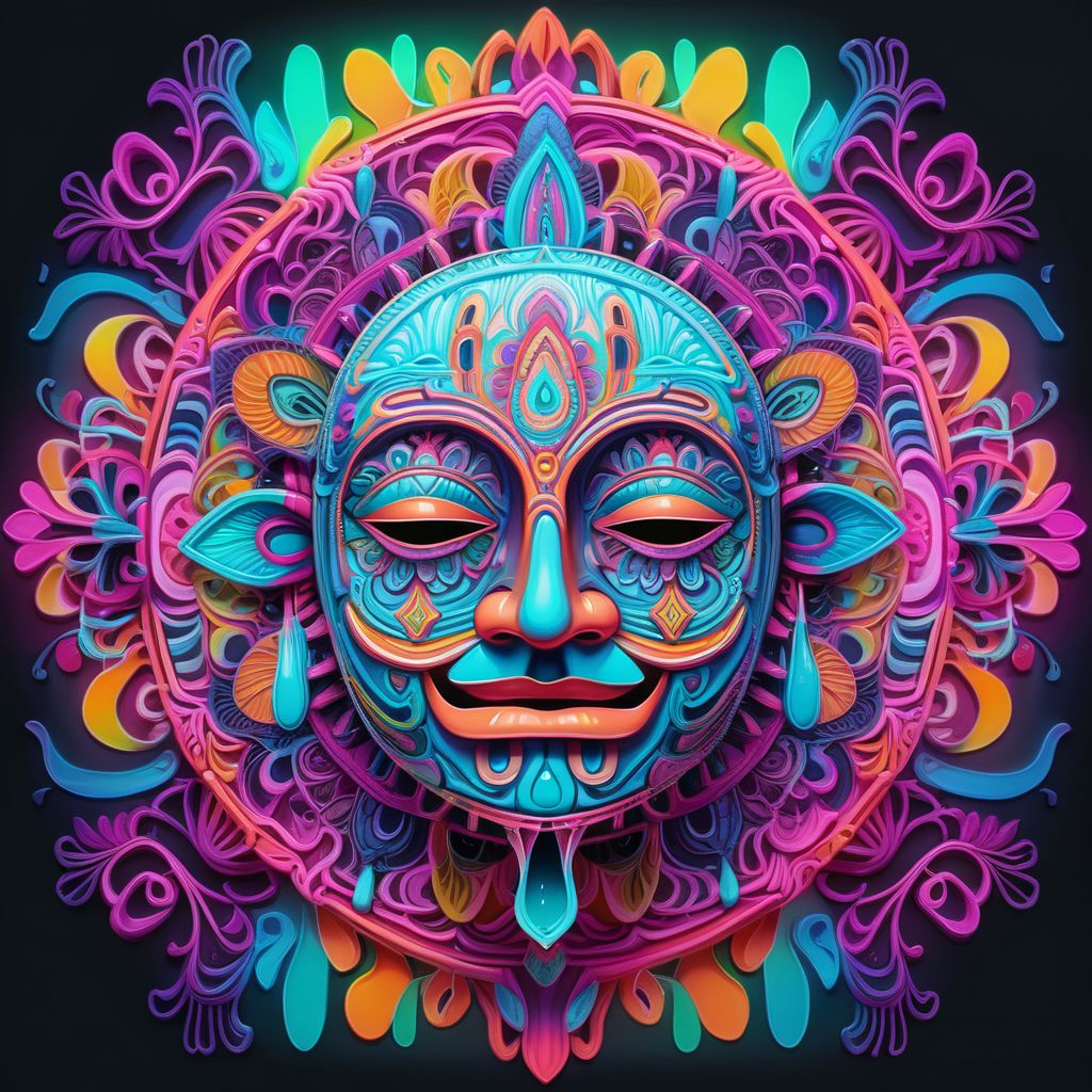 bright neon colors, high details, symmetrical mandala, strong lines, sad face mask that is melting, dripping