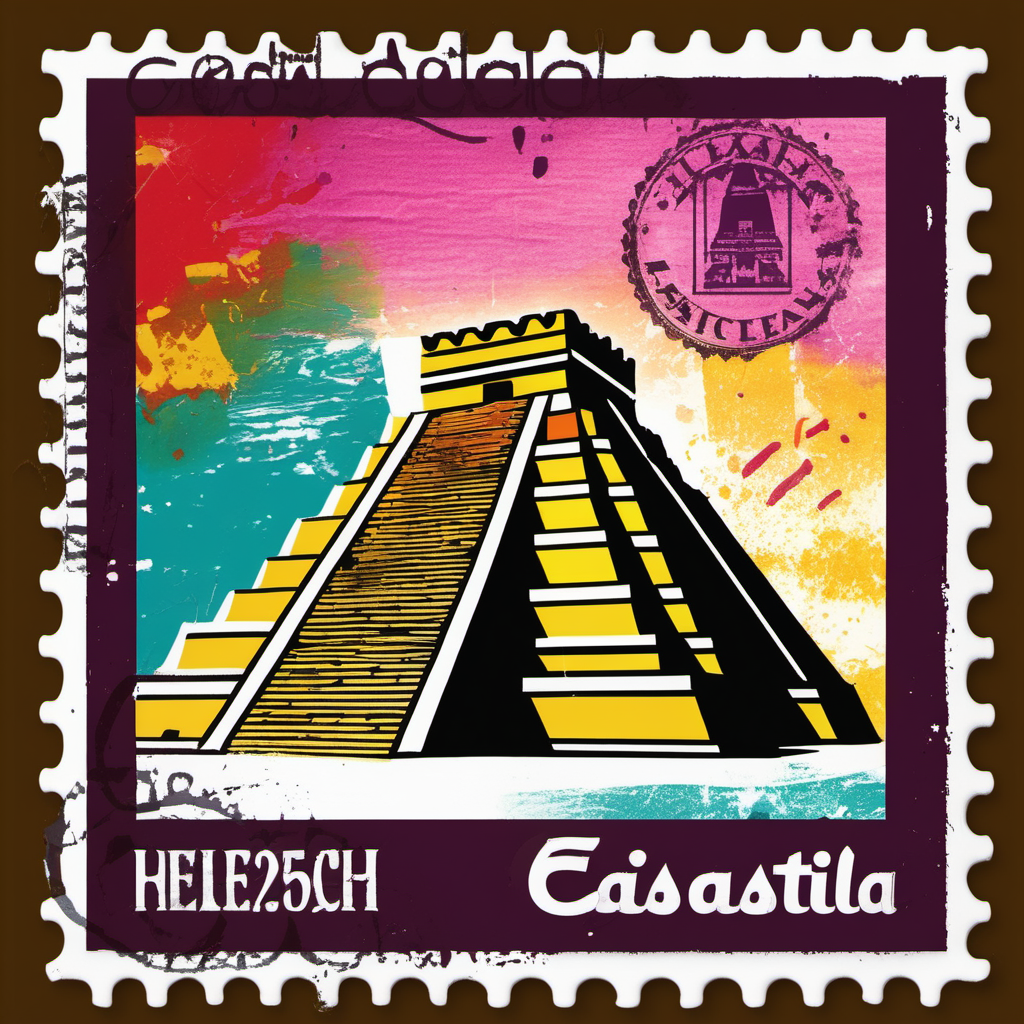 stamp with el castillo, yucatan, abstract, colourful, disstressed edges