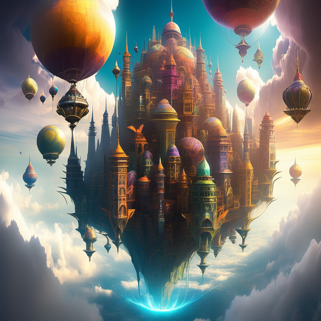 An epic fantasy city in the sky, it floats in the sky and is held up by a magical propulsion system. It is a colorful base with multiple sections where individual cultures are represented.