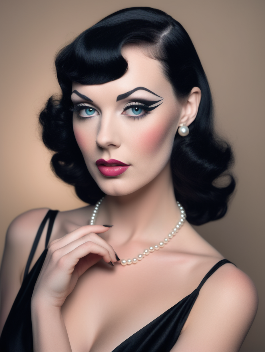 a close up of a nude woman with a black dress and a pearl necklace, perfect colorful eye shadows, inspired by BETTY Page, perfect body face and hands, profile picture, images on the sales website, beautiful android woman, muted colour