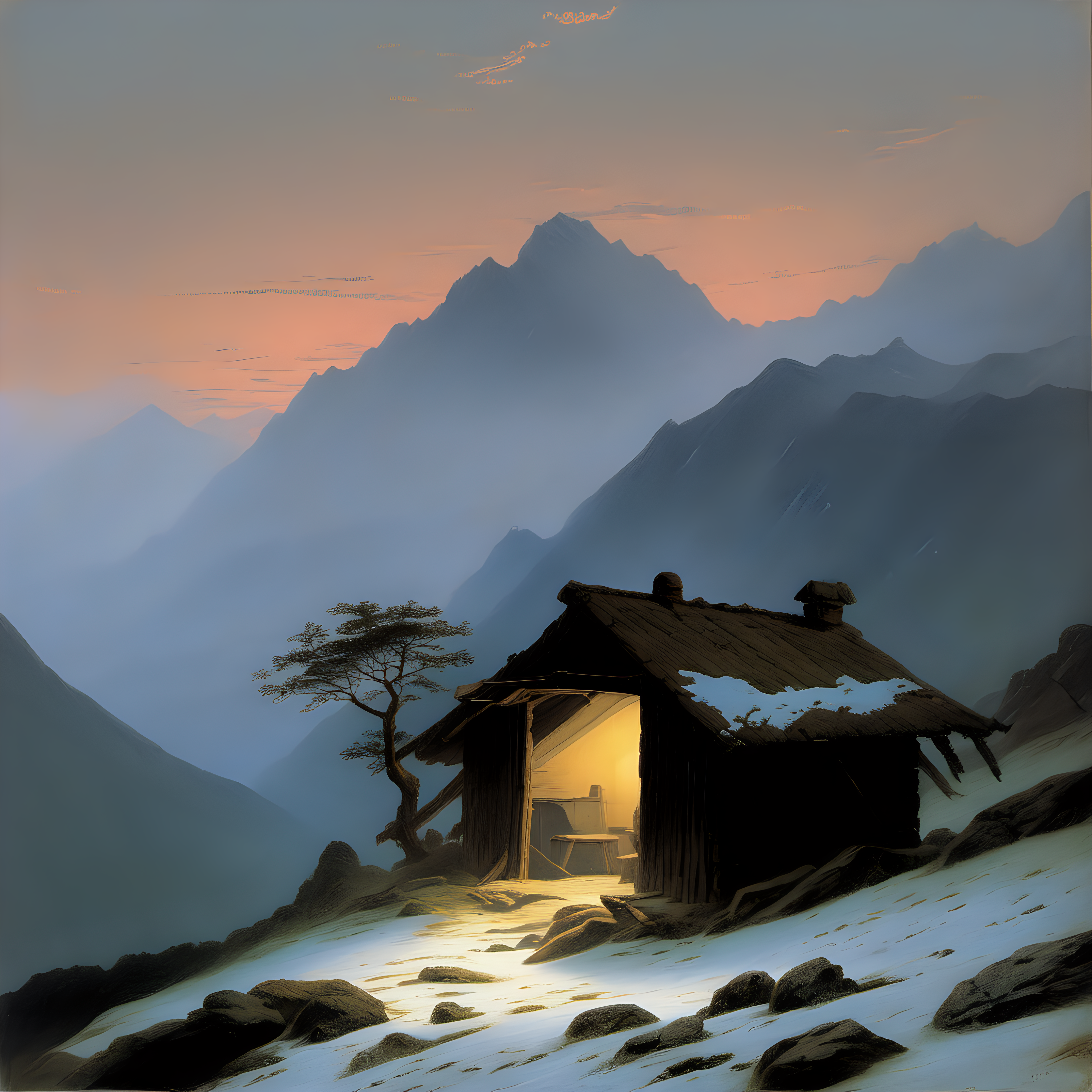 A hut in the mountains around Dharamshala at dusk, Caspar David Friedrich German romanticism oil painting