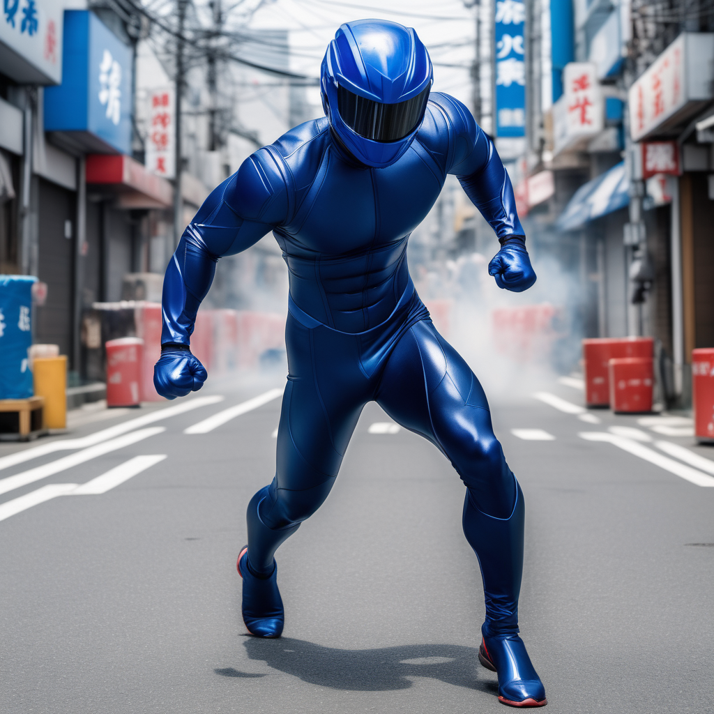 muscular man full body dark blue skintight suit