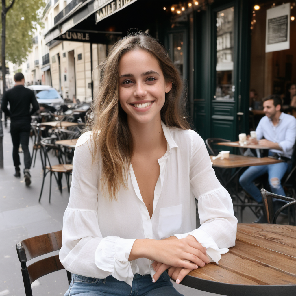 A smiling Emily Feld dressed in a long, white blouse and jeans sitting at a table outside a cafe in Paris