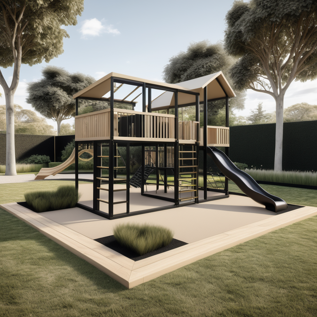 a hyperrealistic image of a grand Modern Parisian  outdoor cubbyhouse playground  in a beige oak brass and black colour palette surrounded by large beautiful open lawns and garden
