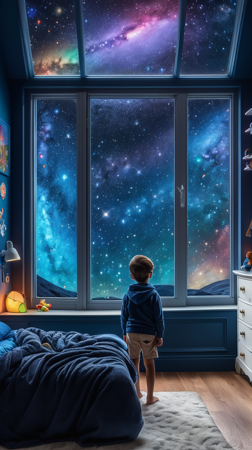 A cozy bedroom with dark blue wallpapers. A child stands on a bed. Outside, colorful galaxies fill the window view.