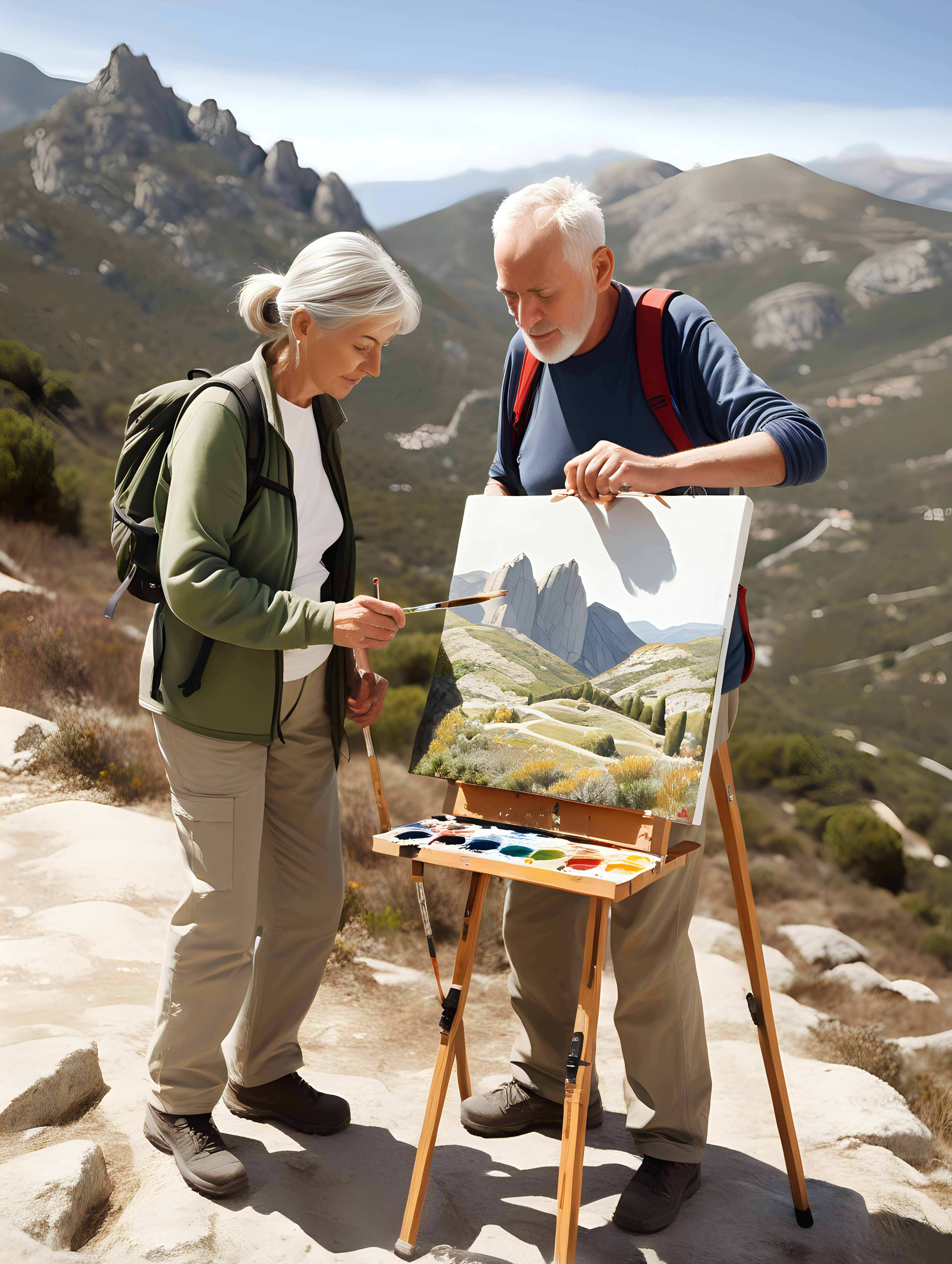 An older couple, in their mid sixties, out on a hike in the Spanish mountains. They are doing a canvas painting of location, on wooden easel. A couple of paintbrushes and paint bottles on the ground beside them. The couple are wearing hiking clothing