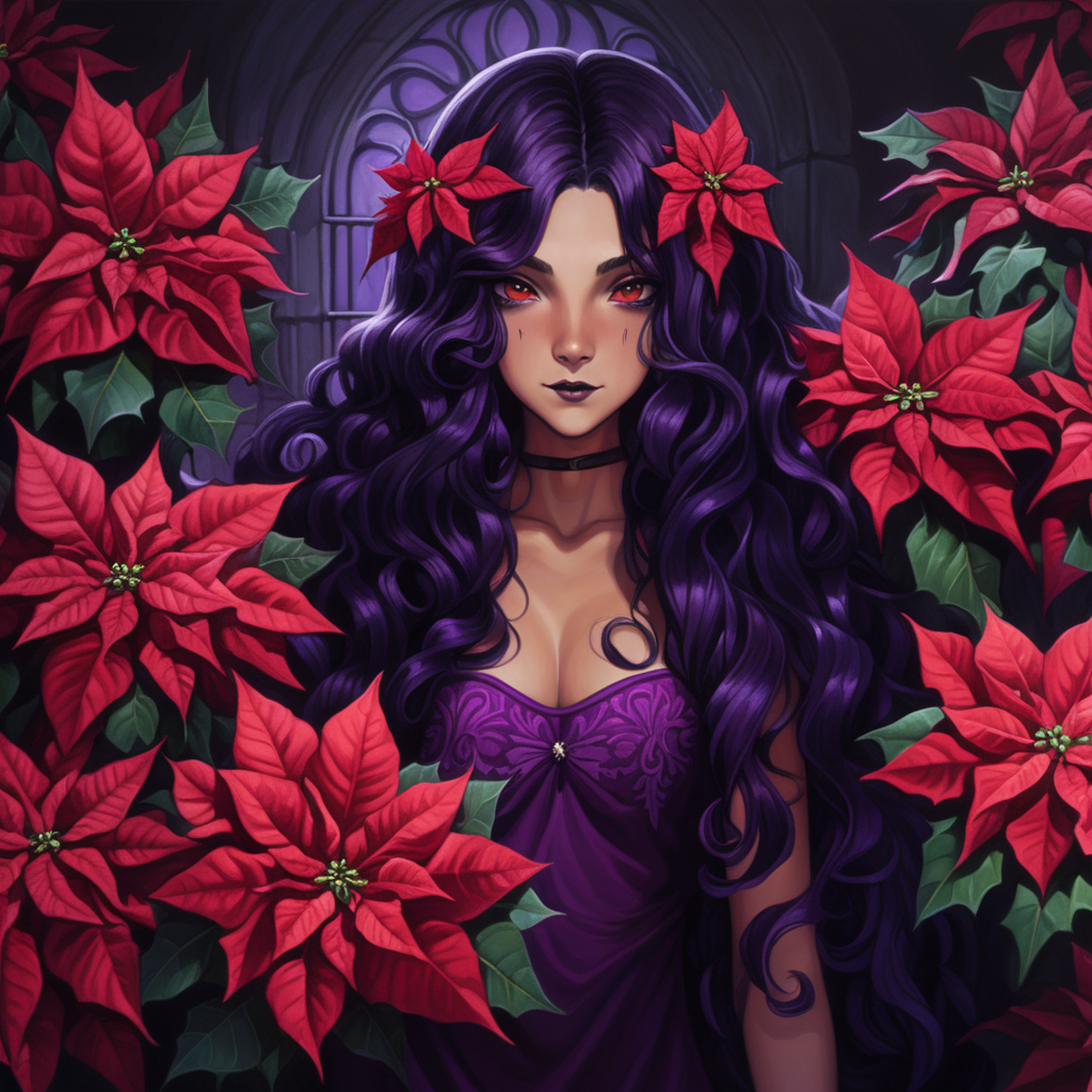 Poinsettias long hair purple and black hair dark