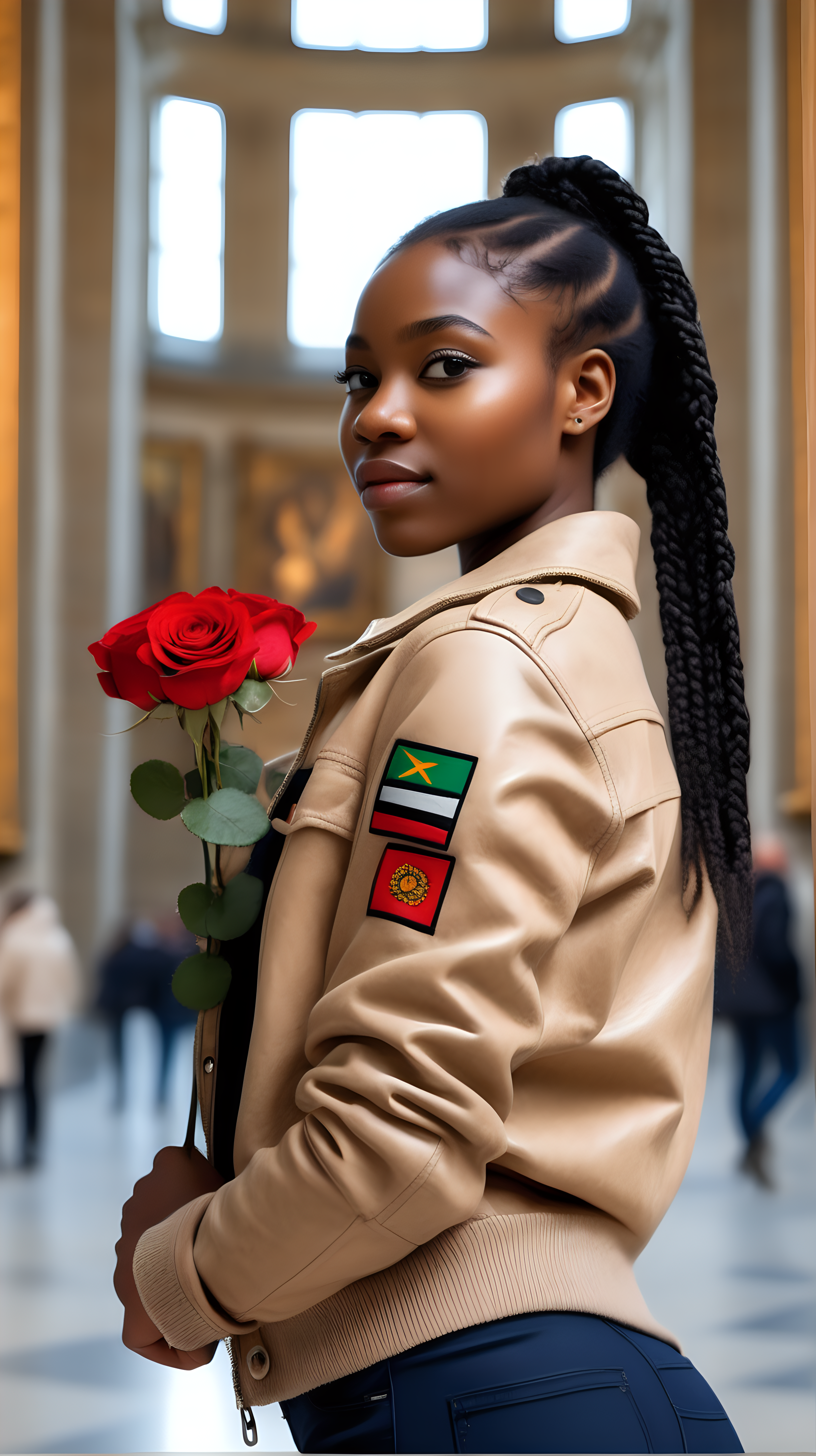 A cute, dark skinned, black woman, wearing a braided ponytail, wearing a beige, 3/4 leather safari jacket, wearing an  African flag patch, wearing a grey lambswool, V Neck sweater, wearing tight, Navy Blue Jeggings, standing in the Louvre museum, holding three red, long stemmed, Roses, View is close up, from the waist up, 4k, realism, high definition clarity, brilliant early morning sunshine background
