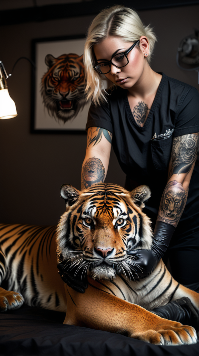 /imagine prompt :An ultra-realistic photograph capturing a sureal Tattoo performance scene. a human tattooing a tiger 
<camera> canon 5d mark III, equipped with an 85 lens at F 5.8 aperture setting
<location> a  tattoo studio beside an crowed street
<light> Soft spot light gracefully illuminates the subject’s body, casting a dreamlike glow.
/describe : a beautiful  woman that she is a tattoo artist with glasses and black shirt ,has black nitrile gloves, has a black surgical mask, seated beside the  client bed and tattooing on a real tiger's body! a golden tattoo machine in his hand.
–no tattoos on head 
 woman  has natural beauty with beautiful blonde short hair  .
a real tiger laid gently on tattoo client's bed same as a tattoo client to taking tattoo on its body creating a sureal scene.
The background is black , absolutely blurred, highlighting the subjects.
The image, shot in high resolution and a 16:9 aspect ratio, captures the subject’s natural beauty and personality with stunning realism
–ar 9:16 –v 5.2 –style raw
