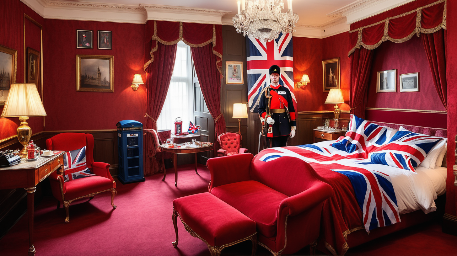 very royal Hotel room decorated over the top with United Kingdom stereotypes, with Foot Guards, English flags, red bus, telephone booth, tea set, english flag