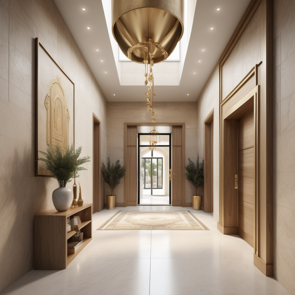 a hyperrealistic image of a Modern Jerusalem-inspired, two-storey home entrance foyer; beige, oak, brass interior;
