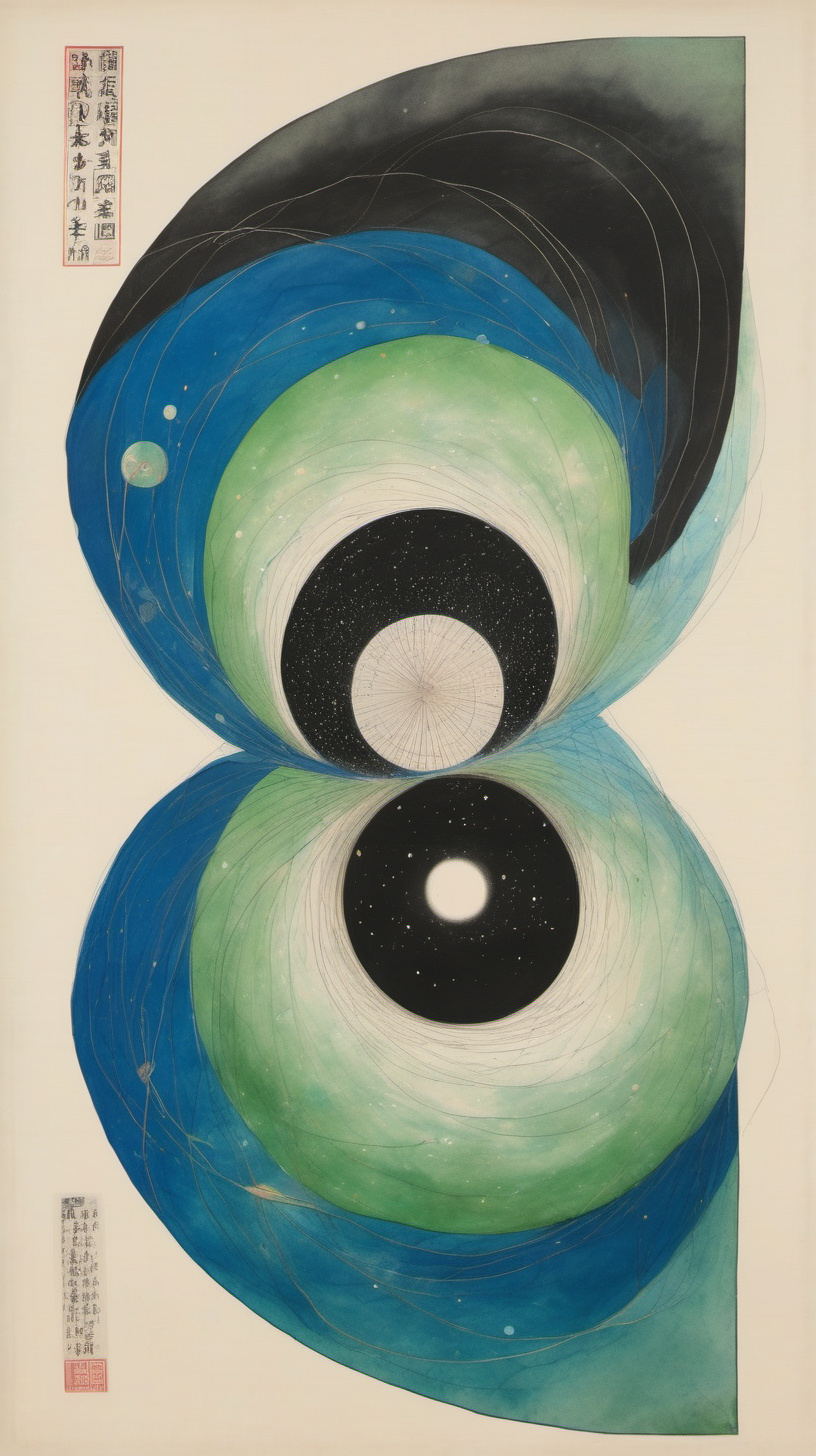 chinese gongbi drawing, blackhole and traversable wormhole, cosmos, blue green, otherworldly 