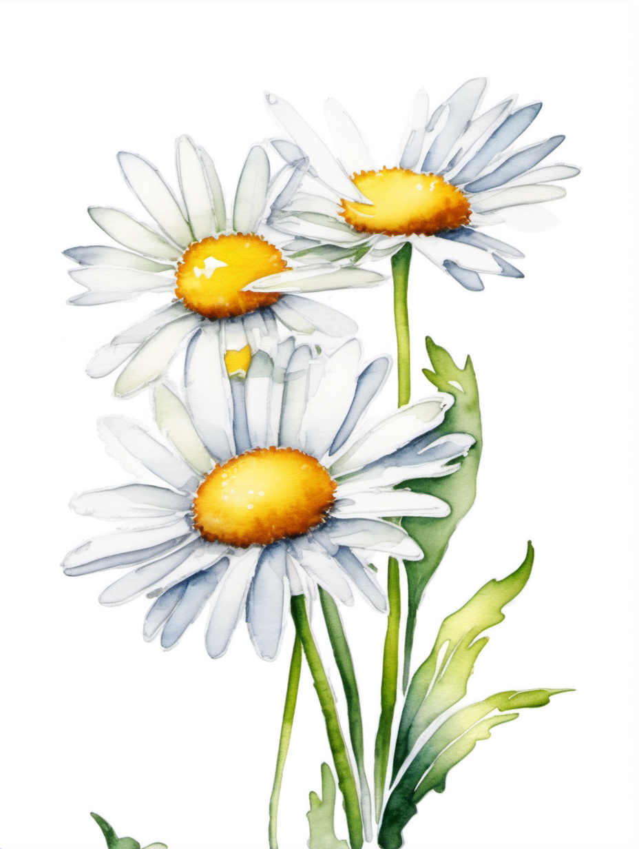 simple daisy, watercolor, white background