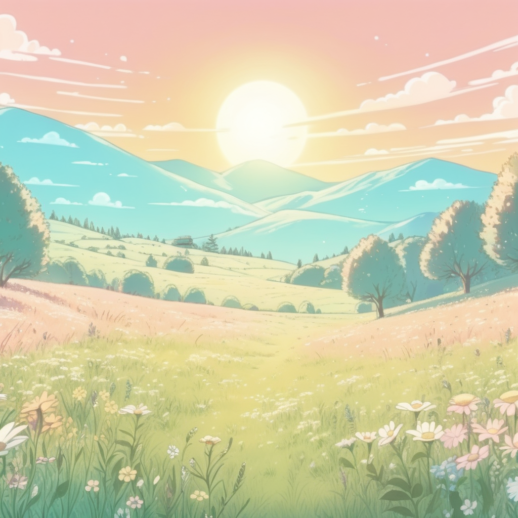 cute meadow background, hand drawn, anime, lofi, pastel, sunny, warm lighting, cinematic