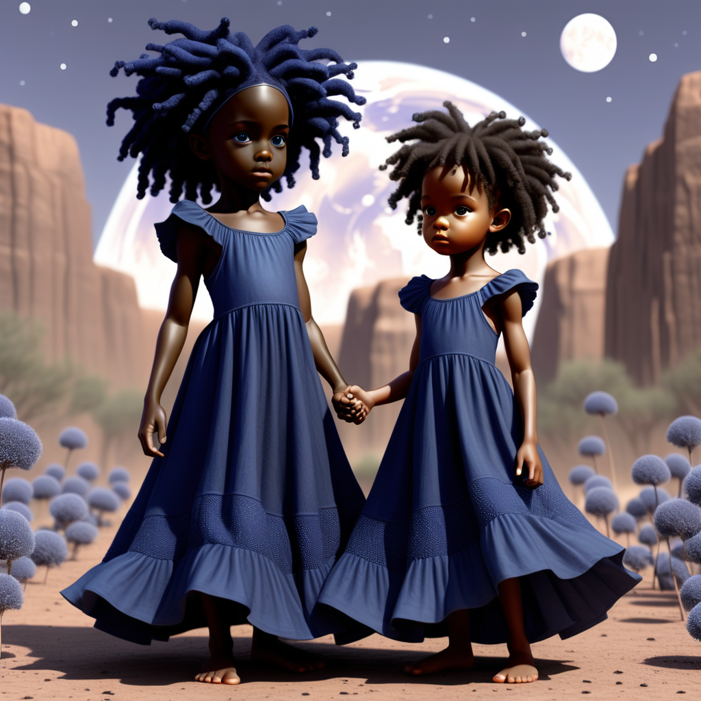 prompt: a black female indigo child with a dress on helping the world with a black girl star seed child standing by his side helping  they are twins but different
 