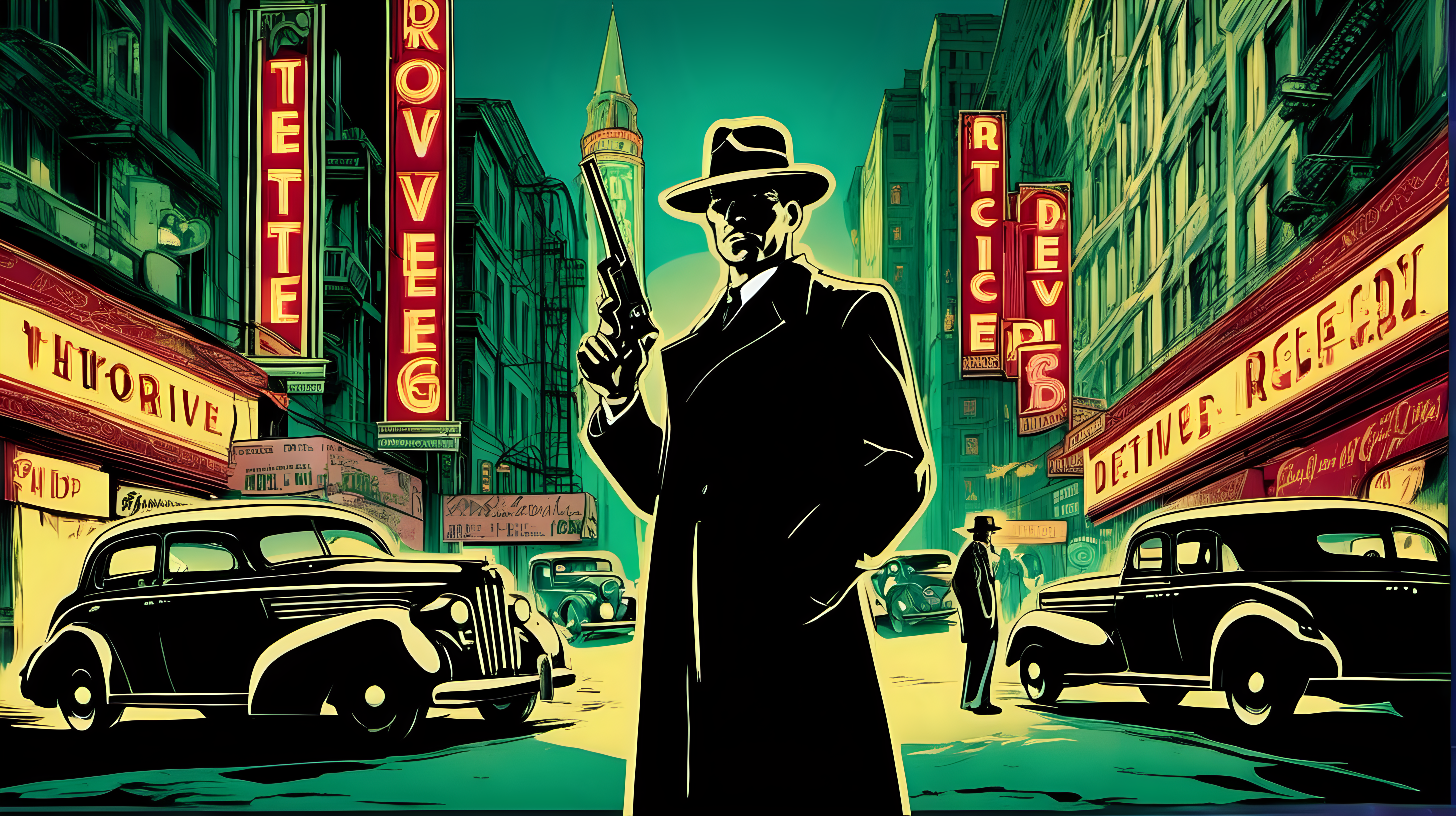 A detective with a revolver standing in the foreground on a downtown San Francisco street circa 1940, neon signs, looking at the camera. Art Nouveau style.