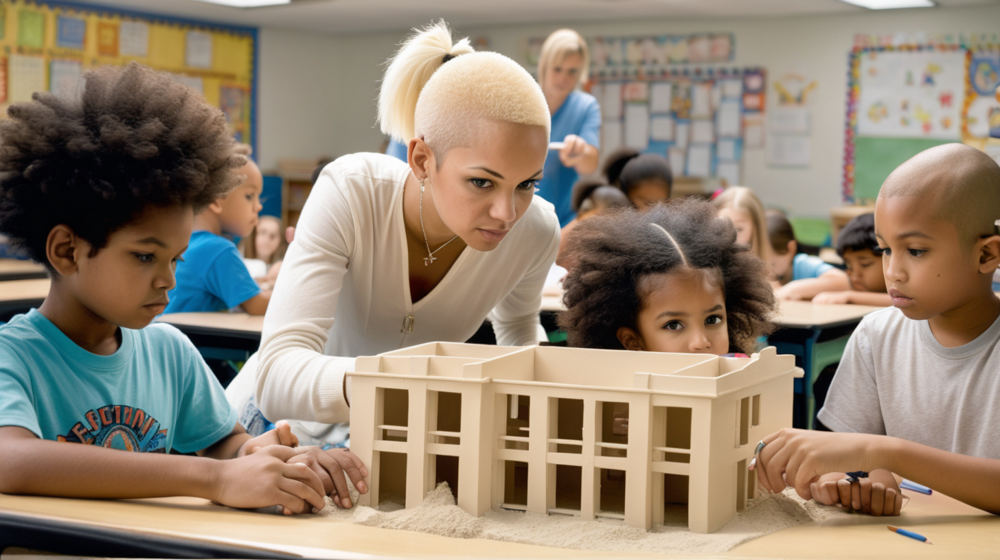 A teacher (mixed-race woman,  bleach blond shaved  head) looks on as a group of 3 kids of different ethnicities is building a model of a school building