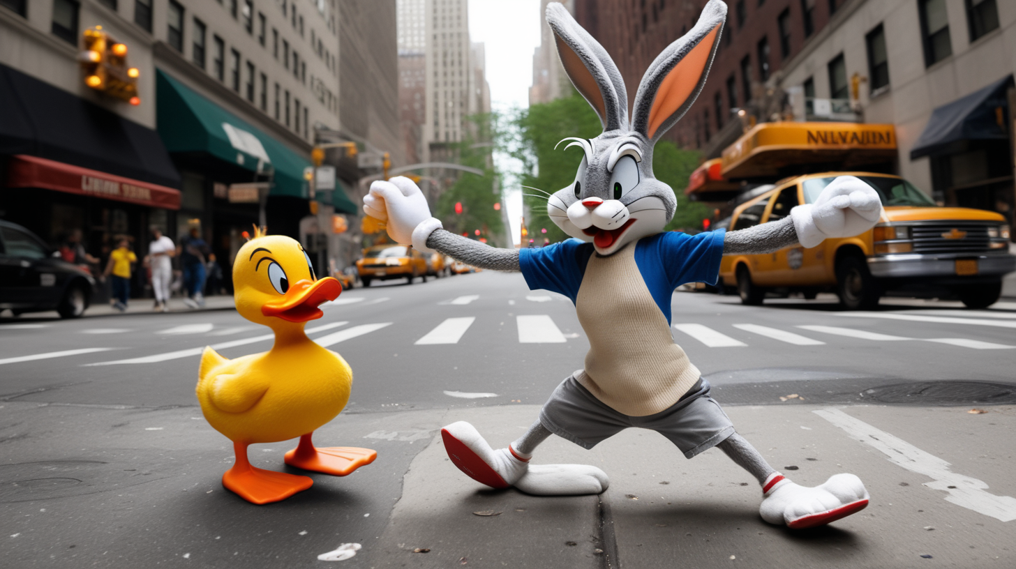 Bugs bunny is fighting with Duffy duck in real world on the Street of new york. 