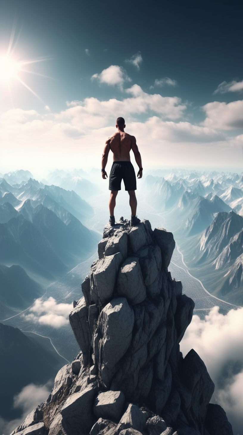man looking strong and brave on top of the world 4k