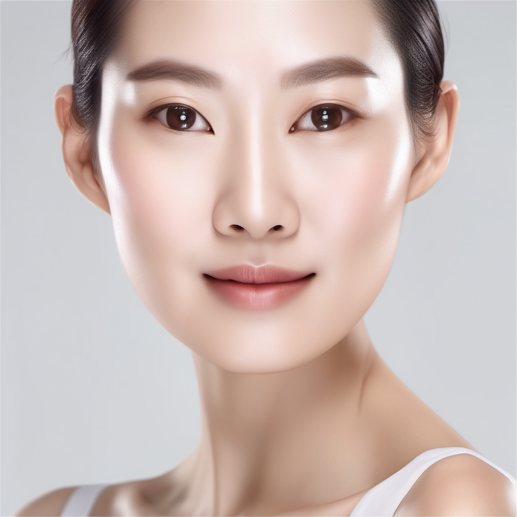 18 years A Hong kong lady has flawless skin for a skincare commercial advertisement, with ultra-realistic skin details with a white background, the lady is showing shoulder