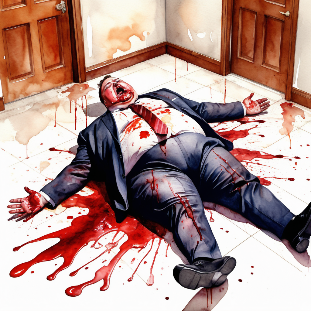 fat man in a suit and tie stained with blood lying on the floor of a room face up as if he were dead with his mouth open and eyes bulging, image based in watercolor paint.