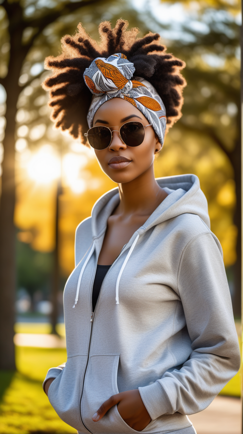Beautiful black woman, wearing an african print headwrap, wearing a stylish afro, wearing big shades, wearing a light grey, zip-front, hooded sweatshirt, with asmall Phoenix on the left breast area, wearing a white tee shirt, wearing light grey sweatpants, standing in a park, bright morning sun, 4k, high definition, full resolution
