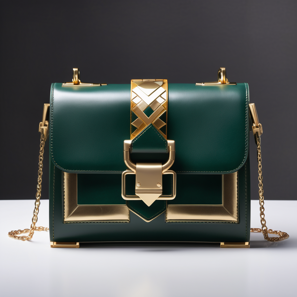 Neoclassic inspired luxury small leather bag with flap and metal buckle- geometric shape - frontal view - dark green leather with gold geometric inserts